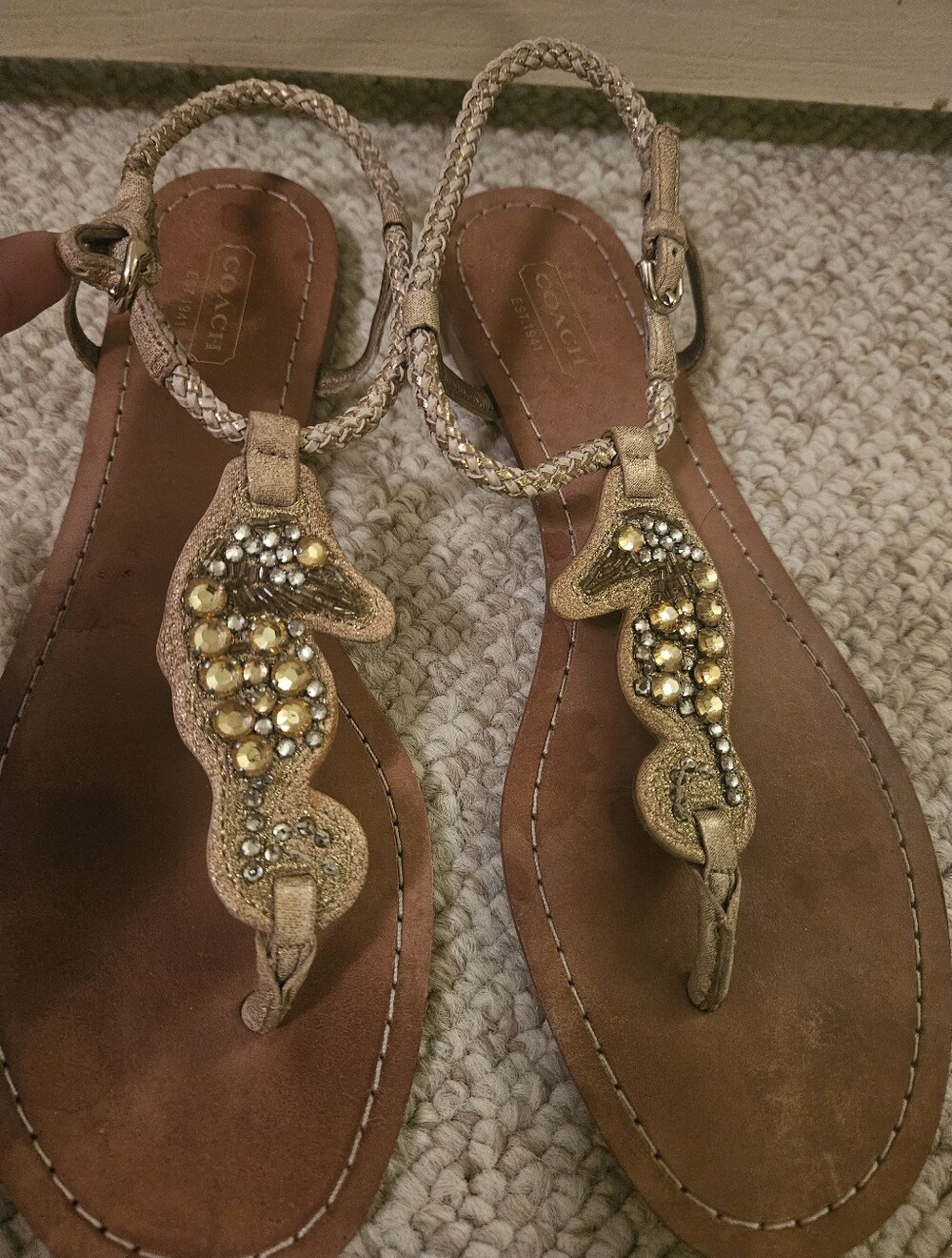 Coach Gold Embellished Leather T-Strap Sandals - Gold
